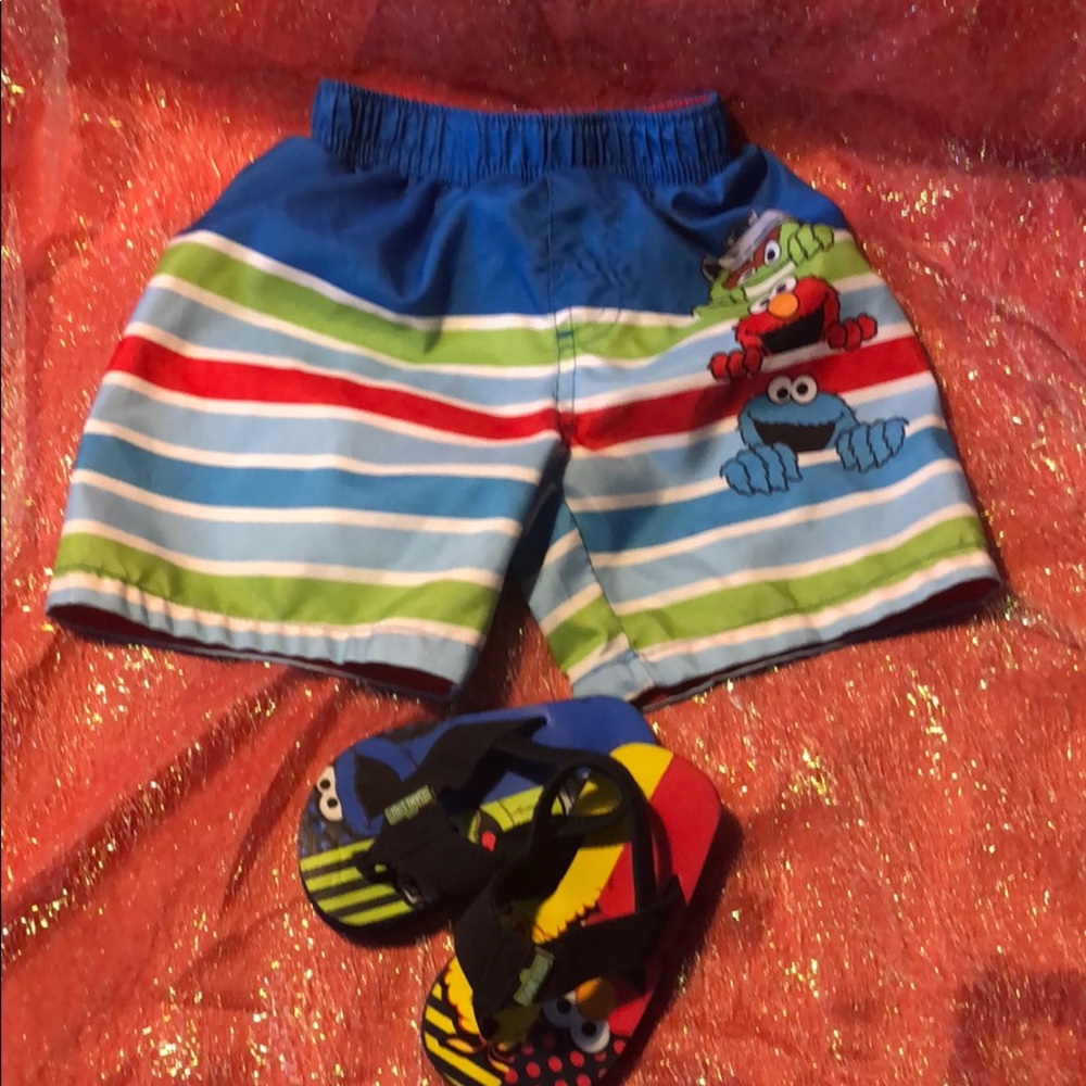 Sesame street Swim trunks and flip flops